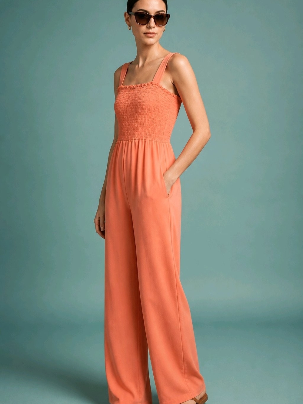 ANTHROPOLOGIE , SATURDAY SUNDAY, Peach Jumpsuit With Wide Leg And Shirred Bodice